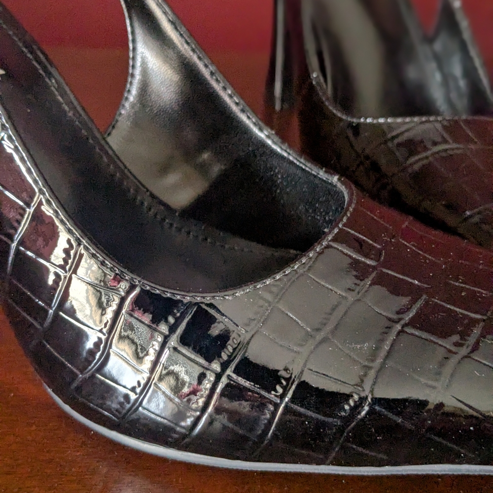 Black Croc-Patterned Slingback Heels - image 6